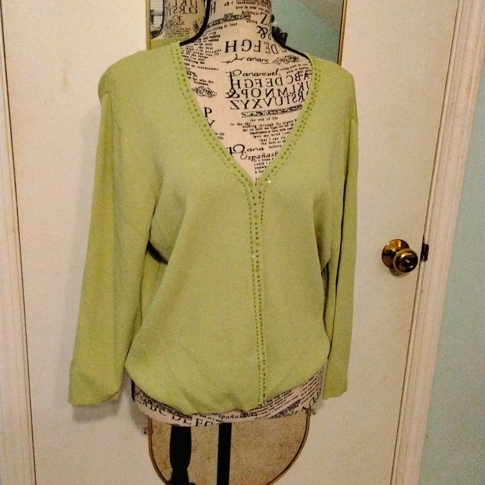 Women's beaded/sequined 3/4 sleeve soft green sweater~ Studio I Petite 12P NWOT